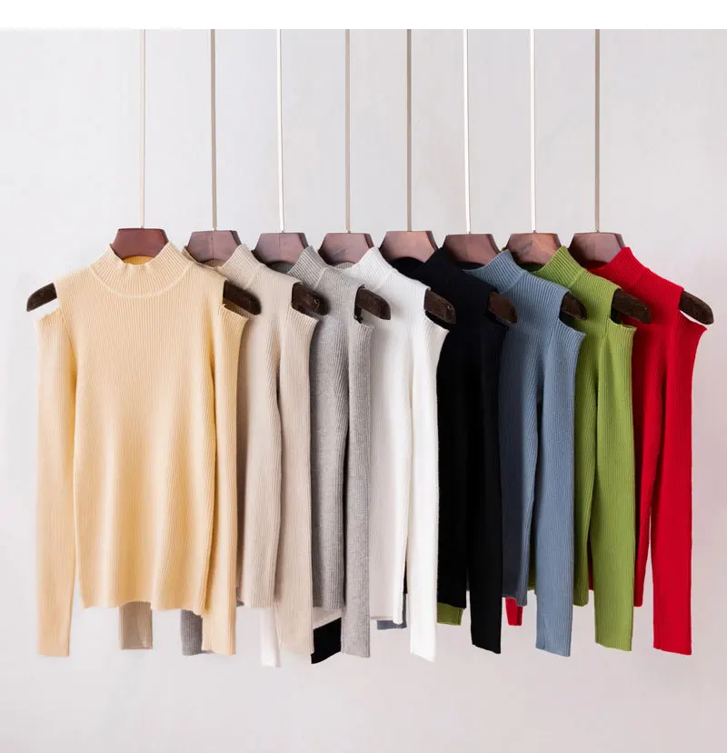 Свитер с длинным рукавом Женский водолазка топ открытыми плечами высокий