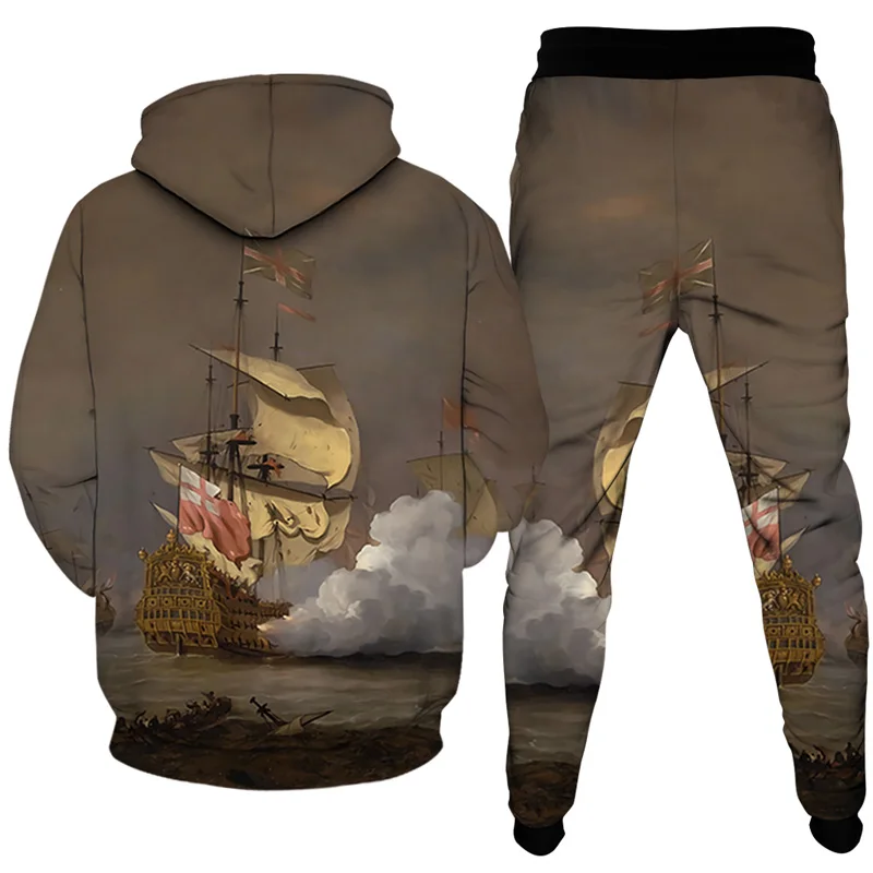 

2021 tide brand 3d printing boat fashion personality creative hooded sweater men's sports and leisure two-piece webbing sweater
