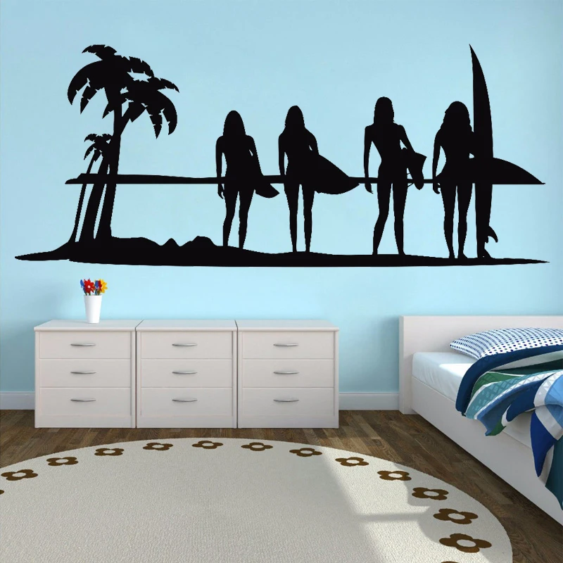 

Surf Girls Wall Sticker Ocean Decal Surfing Wave Sticker Girl Room Wall Decor Sea Beach Decoration Summer Surfers SunSet