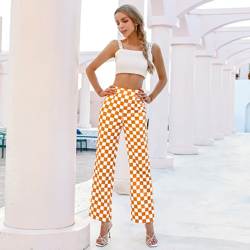 

2021 Spring/summer Nine-point Straight Trousers Orange and White Plaid Office Ladies' Energetic Casual Joker Trousers Work Pants