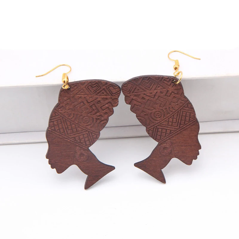 Simple Africa Wooden Earrings Geometric Female Portrait Light Weight Drop Dangle For Women Fashion Jewelry | Украшения и