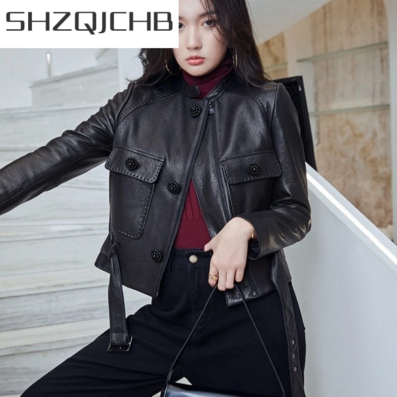 

JCHB 2021 Spring New Women Short Slim Fit Belted Natural Sheepskin Jacket Stand Collar Beading Buttons Genuine Leather Jacket C