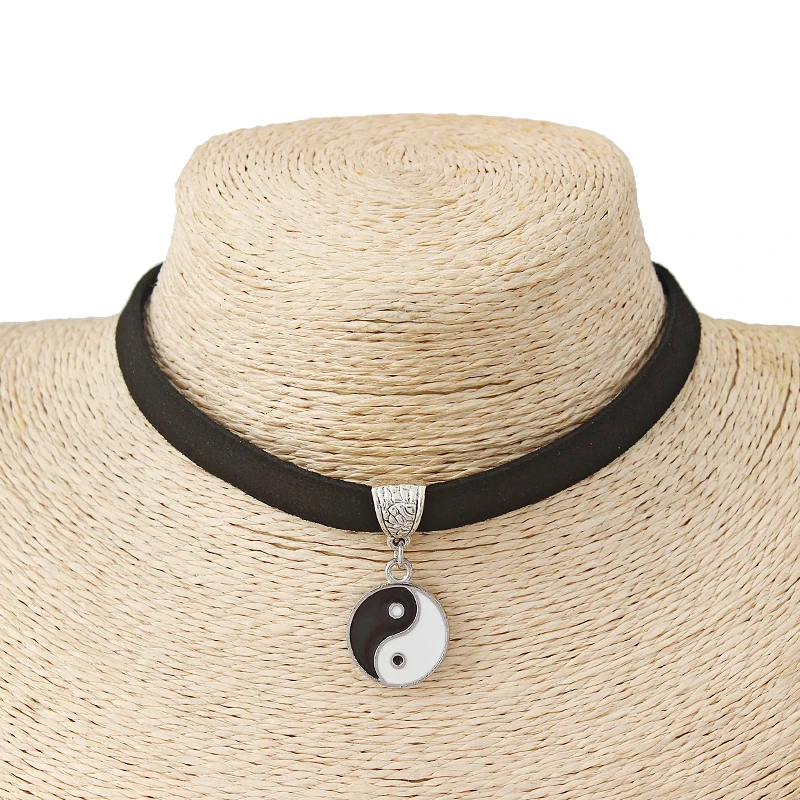 

Black 10mm Flat Faux Suede Leather Cord Yin Yang Charm Choker Necklace 13 Inches