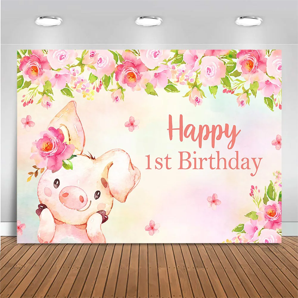 

Baby 1st Birthday Backdrop Pink Pig Flowers Green Leaves Photography Background Girls Birthday Party Photo Background Photocall