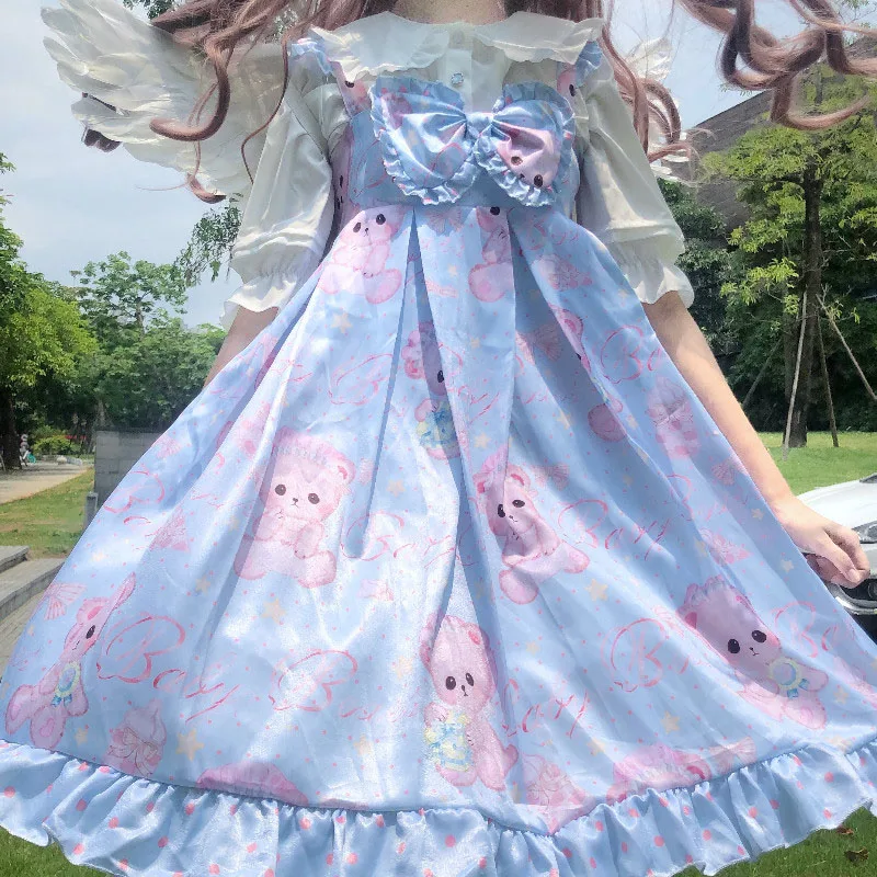 

JSK Japanese Sweet Bow Bear Kawaii Princess Maid Dresses Women Vintage Gothic Printed Lace Summer Sleeveless Dress Lolita Dress