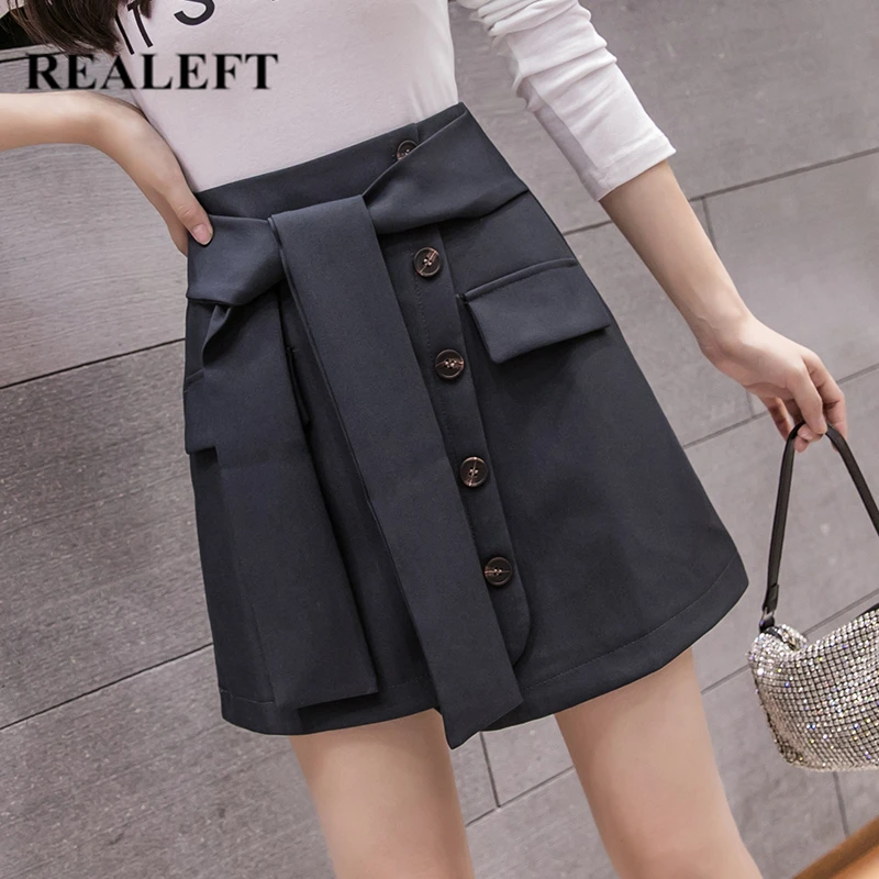 

REALEFT 2020 New Autumn Winter Preppy Solid Sashes A-Line Skirts Irregular High Waist Buttons Skater Sexy Mini Skirts Female