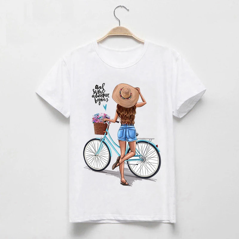Футболка LUSLOS женская с принтом кавайной девушки милая белая рубашка велосипеда
