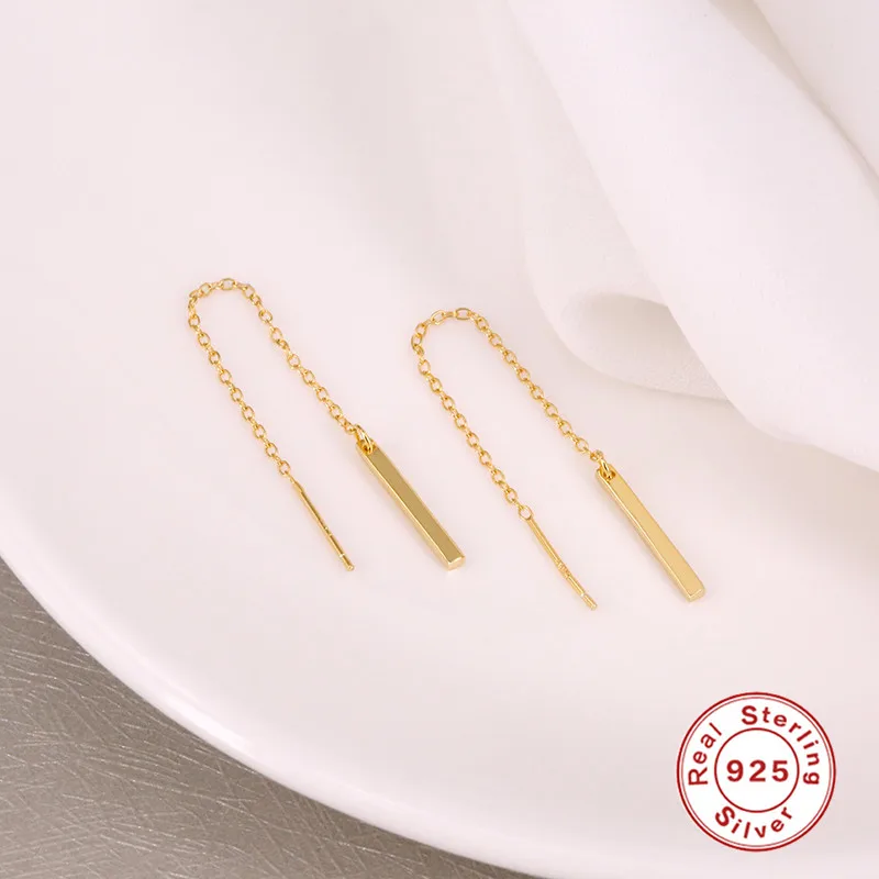925 Sterling Silver Earrings For Women Gold Long Tassel Girl Gift Stud Female Minimalism Chain brincos R5 | Украшения и