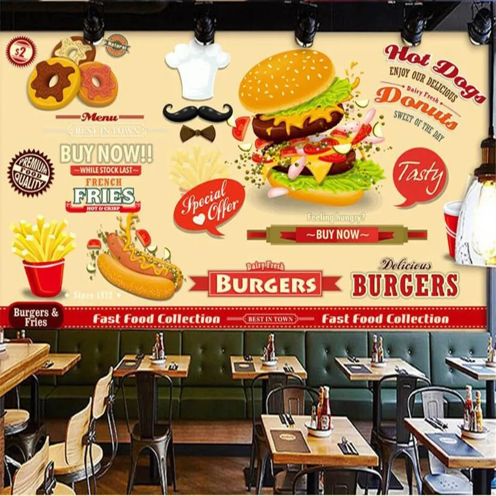 

Milofi custom 3D printing wallpaper mural European and American hand-painted burger fast food restaurant snack bar background wa