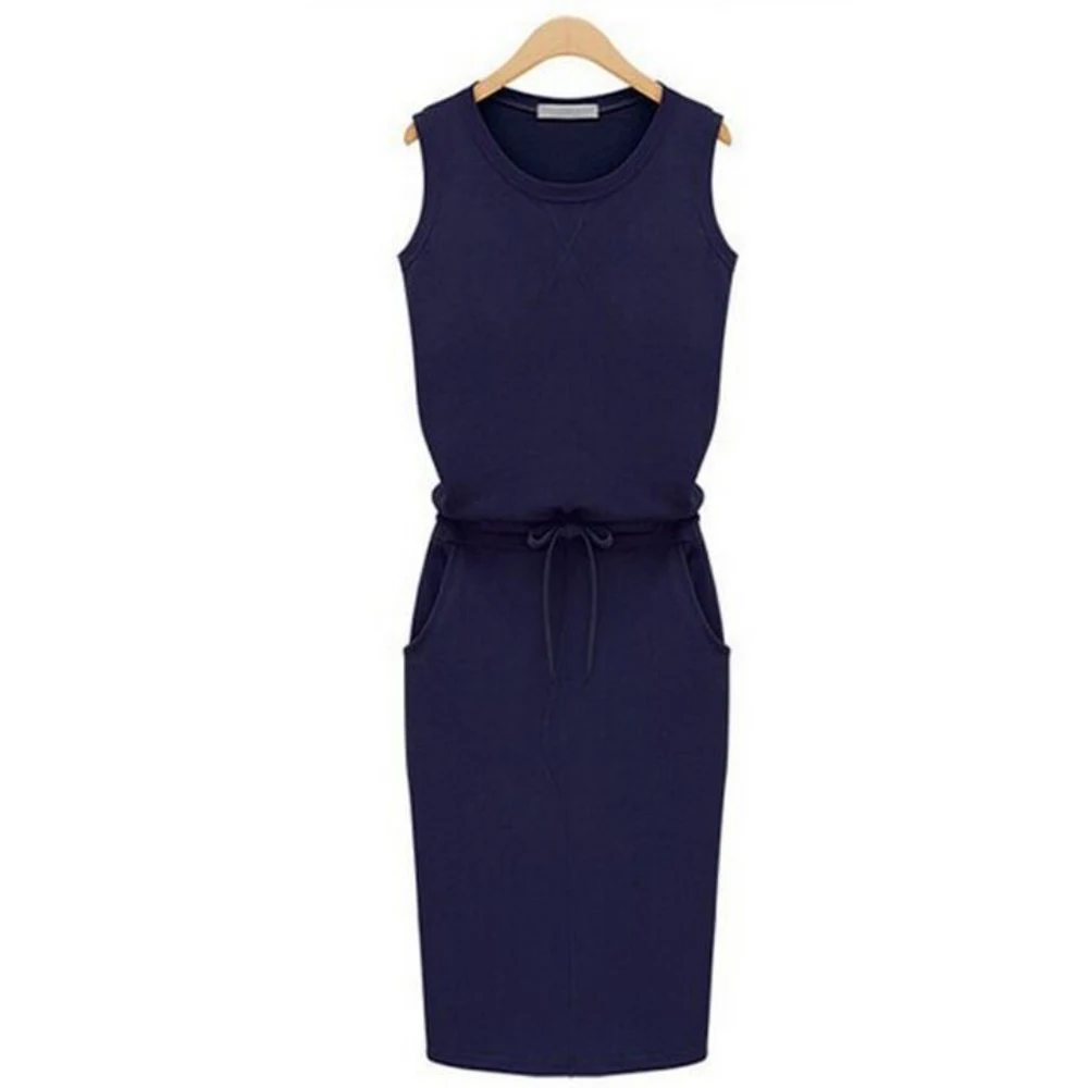 

Women Pencil Dress Casual Sleeveless Pockets 2020 Fashion Solid Drawstring Waist Popular Simple Beach Party Female Sundress