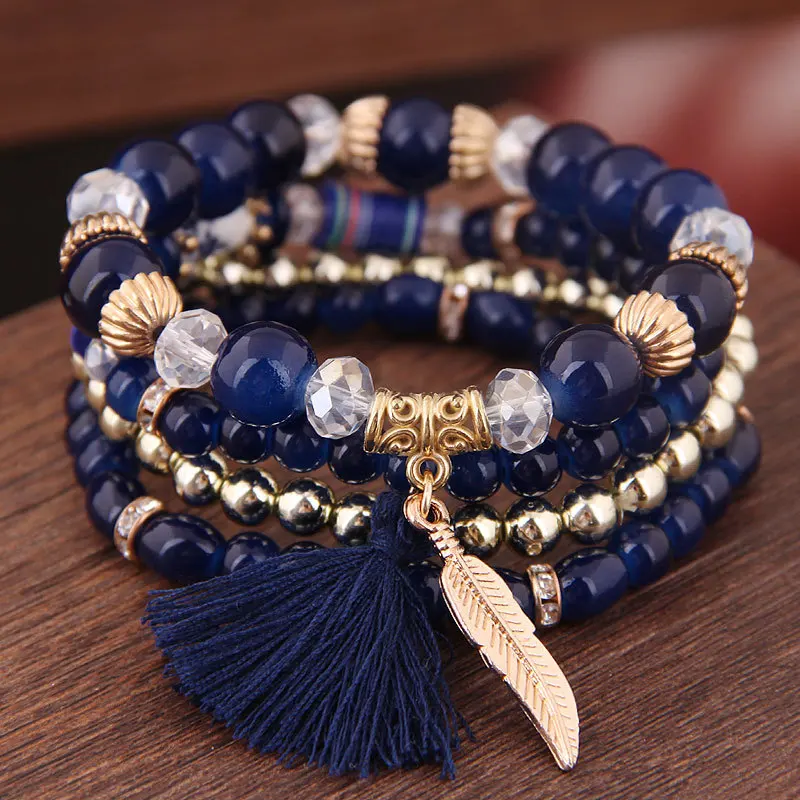 

YADA Fashion Gold Leaves Bracelets&Bangles For Women Beads Tassel Bracelets Charm Crystal Jewelry Multi-layer Bracelet BT210003