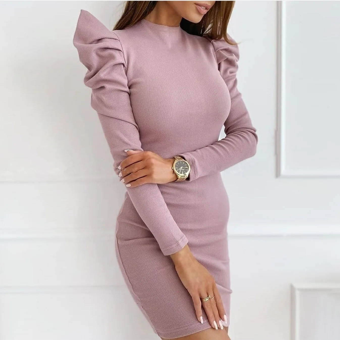 

Autumn and Winter New Women's Self-Cultivation Puff Sleeve Sexy Dress Girls Comfortable Solid Color A-Line Casual Long Skirt