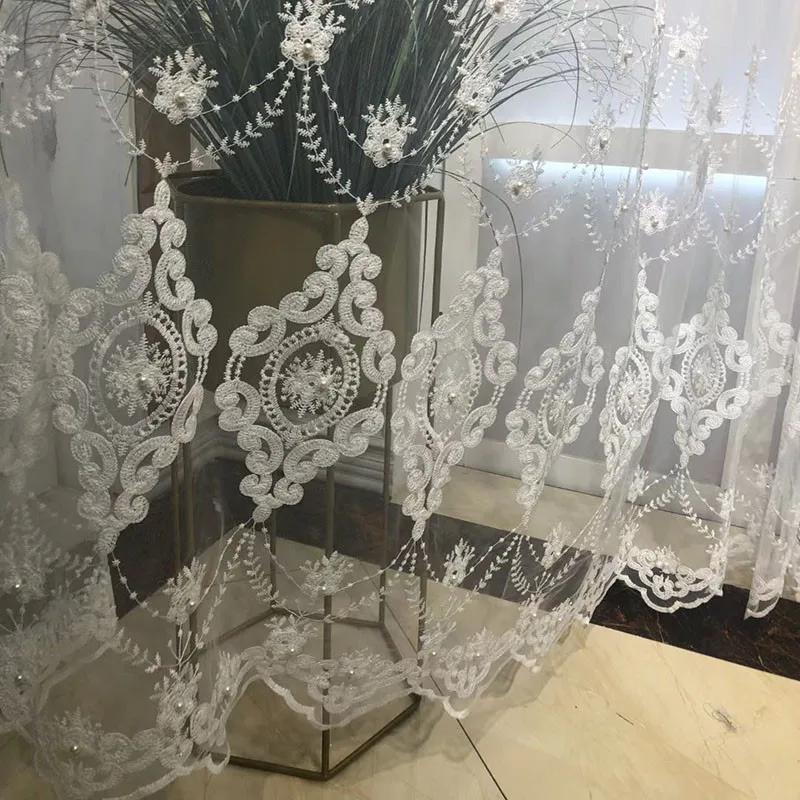 

White Beautiful Embossed Pearl Embroidered Sheer Curtain For Living Room European Luxury Tulle Curtain For Bedroom Custom #4