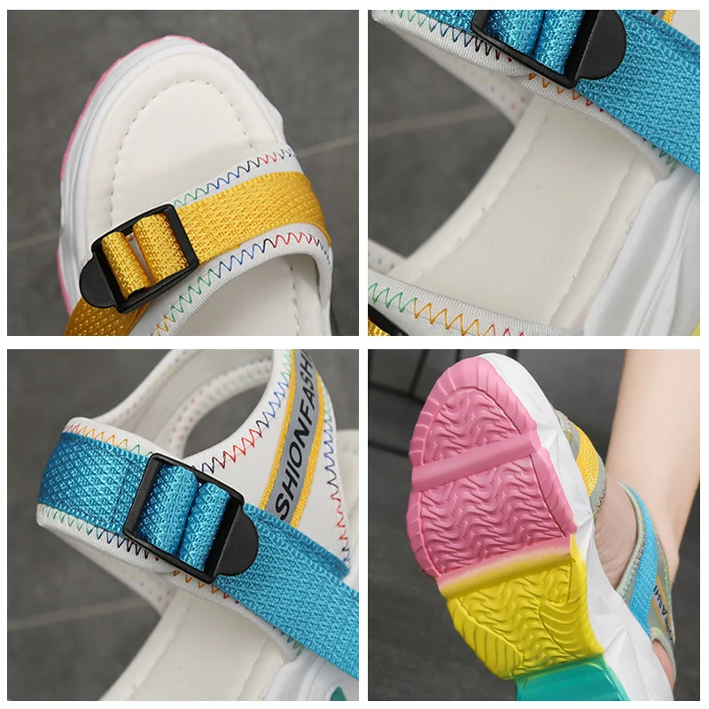 

Buckle Strap Mixed Colors Platform Sandals Rainbow Retro Bottom Comfortable Casual Beach Shoes Summer New Open Toes Women Shoes