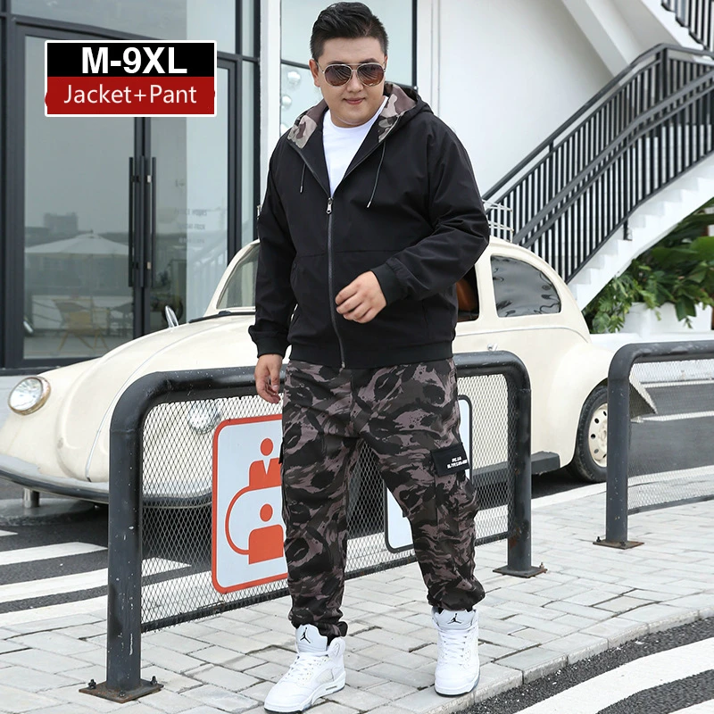 Autumn Winter Jogger Tracksuit Men's Casual Plus Size 9XL Hooded Jacket + Camouflage Pant 2 Piece Sportswear Male Sports Suits