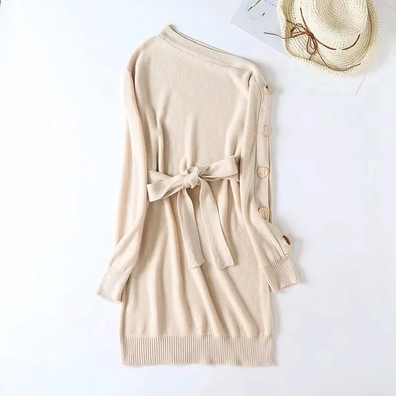 Winter Women Long Sleeve Loose Female Mini Sweater Dress Sexy Off Shoulder Knitting Elegant Sheath Short | Женская одежда