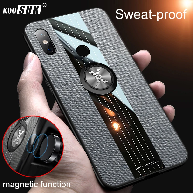 Чехол Koosuk Cloth для телефона Xiaomi Mi 8 / Mi8 Lite с кольцом для пальца, автомобильным держателем и жесткой задней крышкой с защитным бронированием и швом.