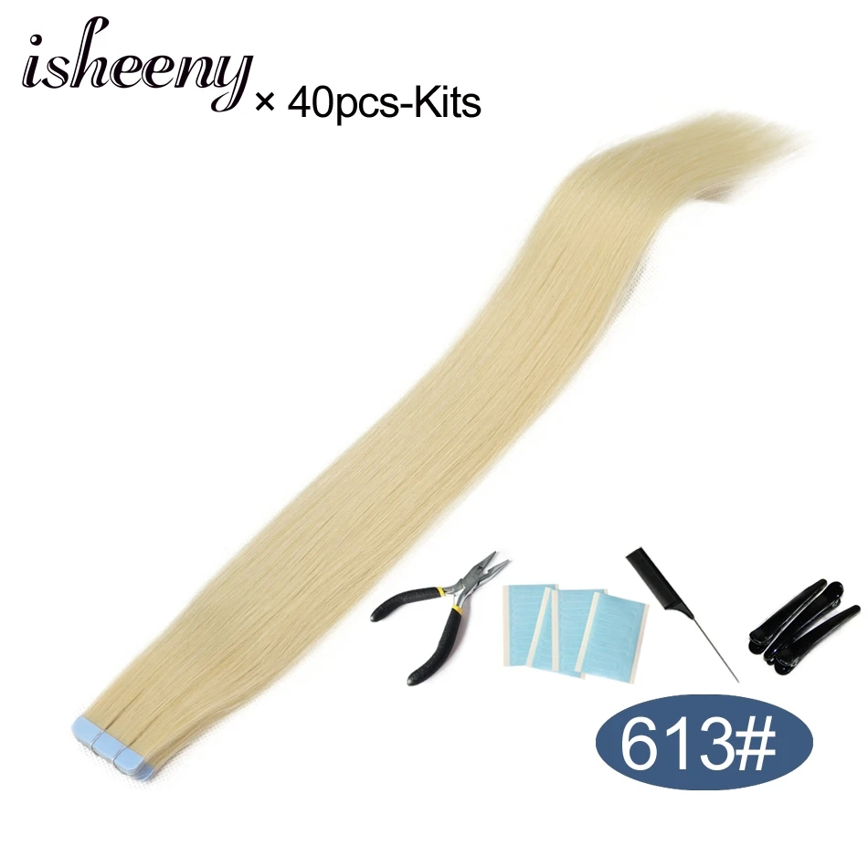 Isheeny 1" 18" 2" 22" 2" лента в Пряди человеческих волос для наращивания Прямой Реми на клей Невидимый PU выдвижение утка 14 цветов Выберите - Цвет: 613-40pcs
