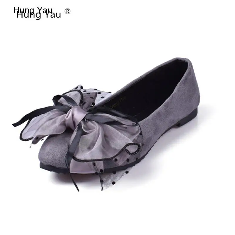 Женские модные туфли с бантом острым носком без застежки на плоской подошве для