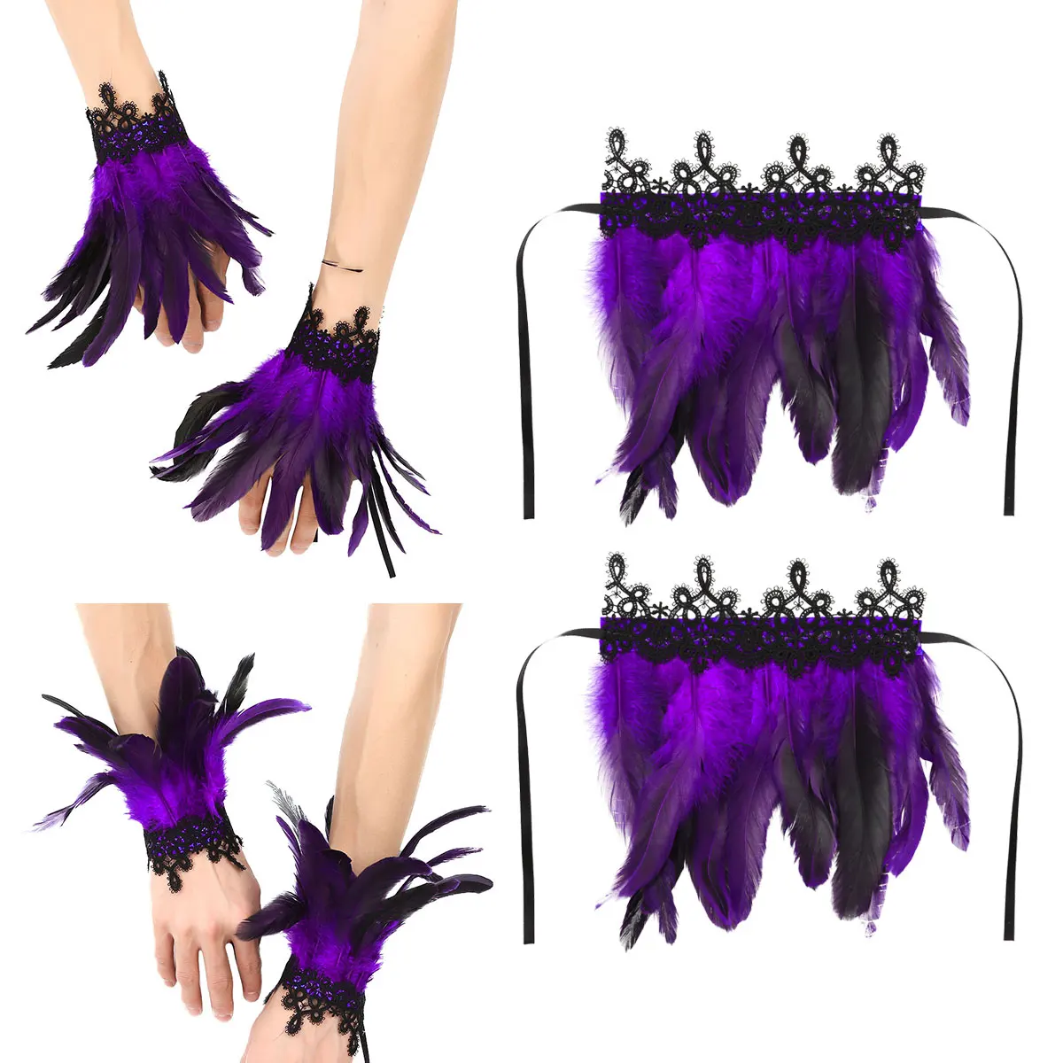 

Dyed Rooster Feather Wrist Cuffs Party Stage Performance Costume Accessories Fashion Pearl/Lace Wristcuffs Ribbon Ties Wristband