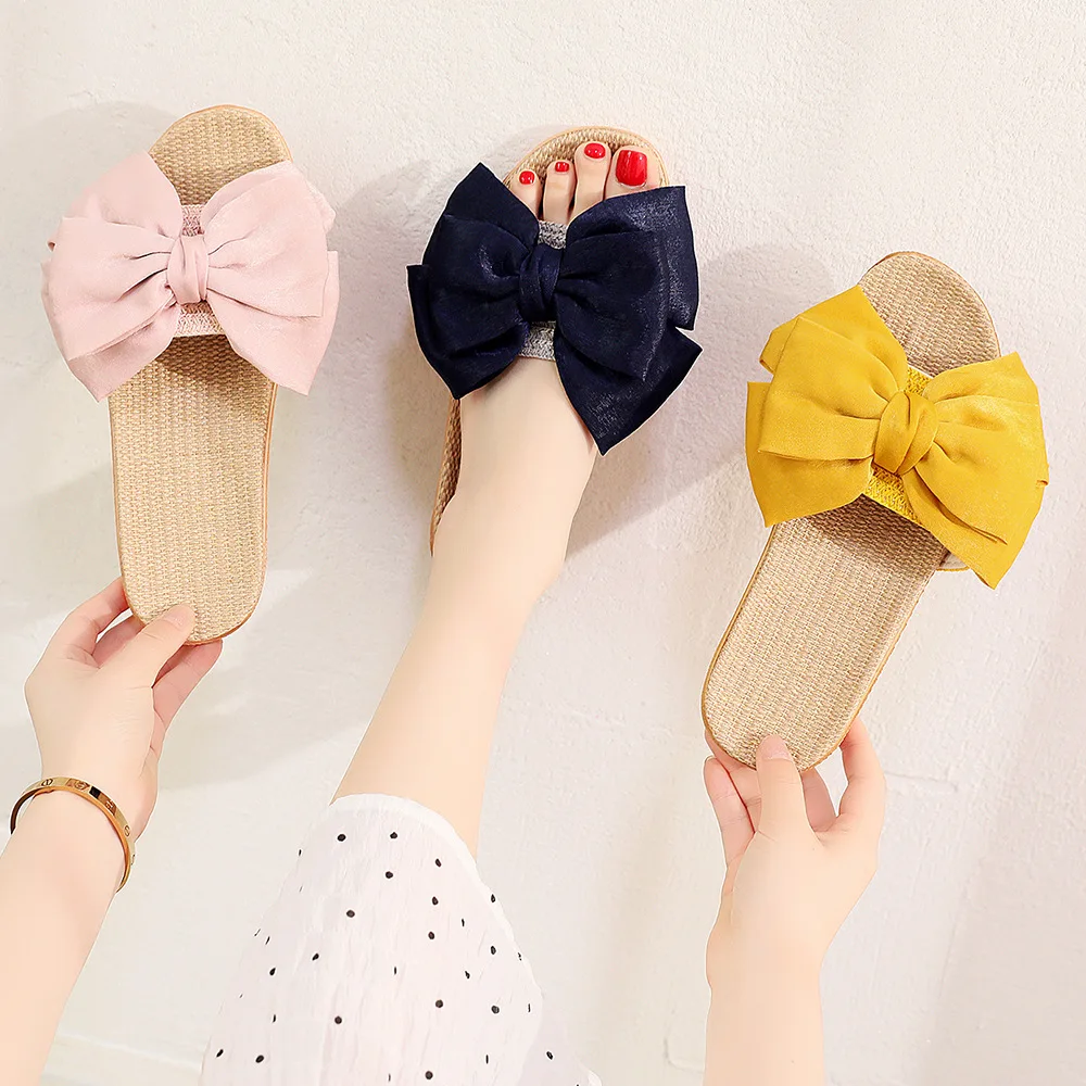 

Women Summer Home Slippers New Breathable Indoor Fabric Linen Slippers Cute Big Bow Sandals Slippers Non-slip Wear-resisitant