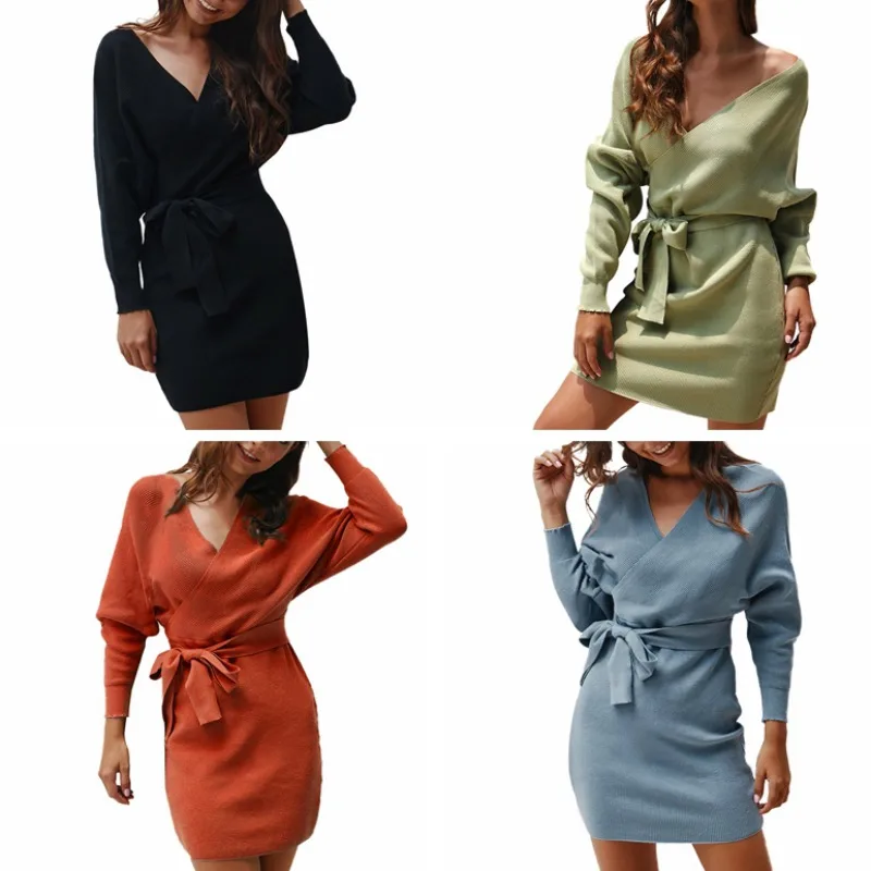 

Women Dress Beach Elegant Party Swing Dresses V-Neck long sleeve Hip Wrap Dress