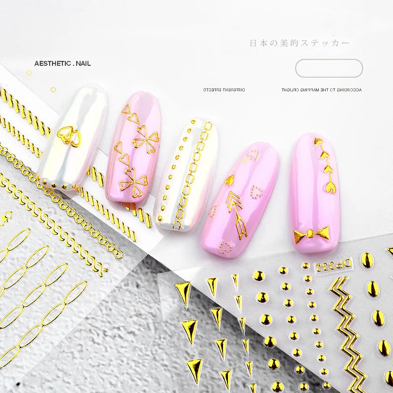 1 Sheet Gold Metal Chain Zipper Solid 3D Nail Sticker Self-adhesive Transfer Manicure Art Decorations 10 styles NEW | Красота и