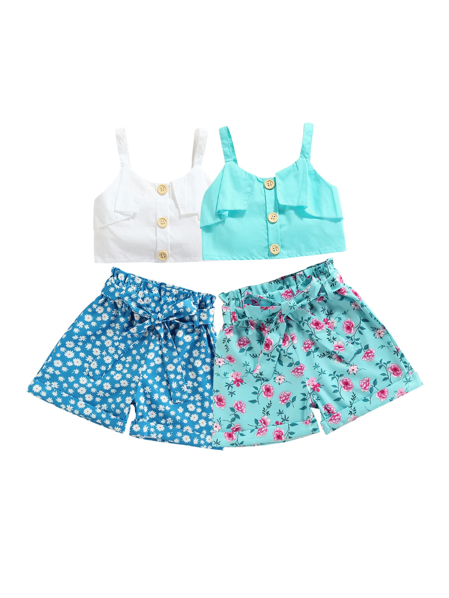 Детский костюм летний однотонный комплект с V-образным вырезом шортами цветочным