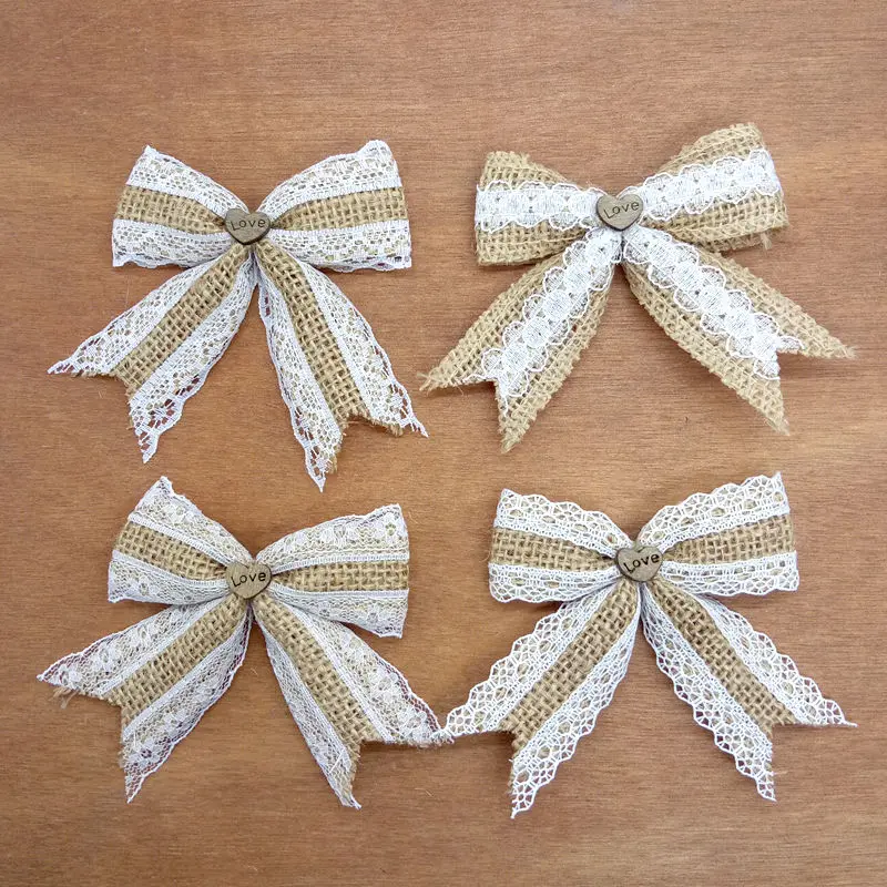 

10pcs Vintage Natural Jute Burlap hessian bows lace ribbon trim rustic Wedding Decoration marriage party decor bowknot #272841