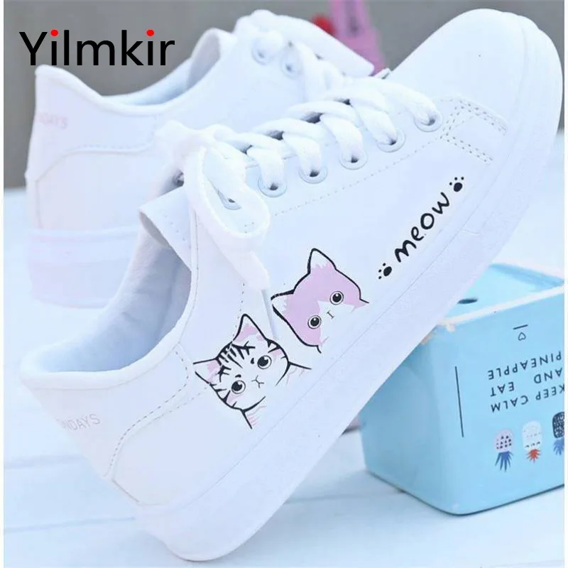 

Модные популярные холщовые женские туфли на шнуровке с милым котом, повседневные универсальные дамские кроссовки с принтом, Классическая п...