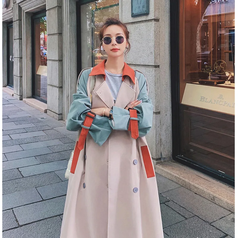 

Color Plaid Spliced Windbreaker Women 2020 Autumn New Mid-length Korean Style Loose Temperament Popular British Trench Long Coat