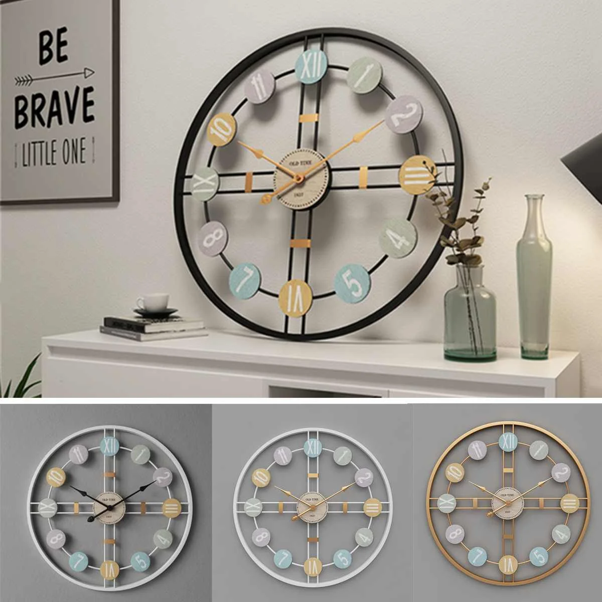 

40CM Silent Round Wall Clock 3D Retro Nordic Metal Roman Numeral DIY Decor Luxury Wall Clock for Home Living Room Bar Cafe Decor