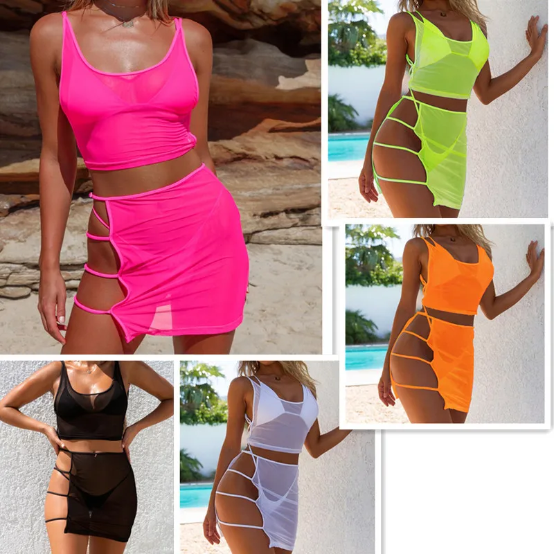 

Sexy Sheer Mesh 4 PCS Bikinis Swimsuits Bra Tank Cover-ups High Waist Thong Side Hollow Out Skirt Biquinis Beach Bathing Suit