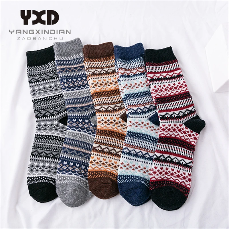 5 Pair/New Men's Socks Winter Thicker Warm Thermal Christmas Socks National Style Stripe Socks Gift For Men Socks Man Wool Socks