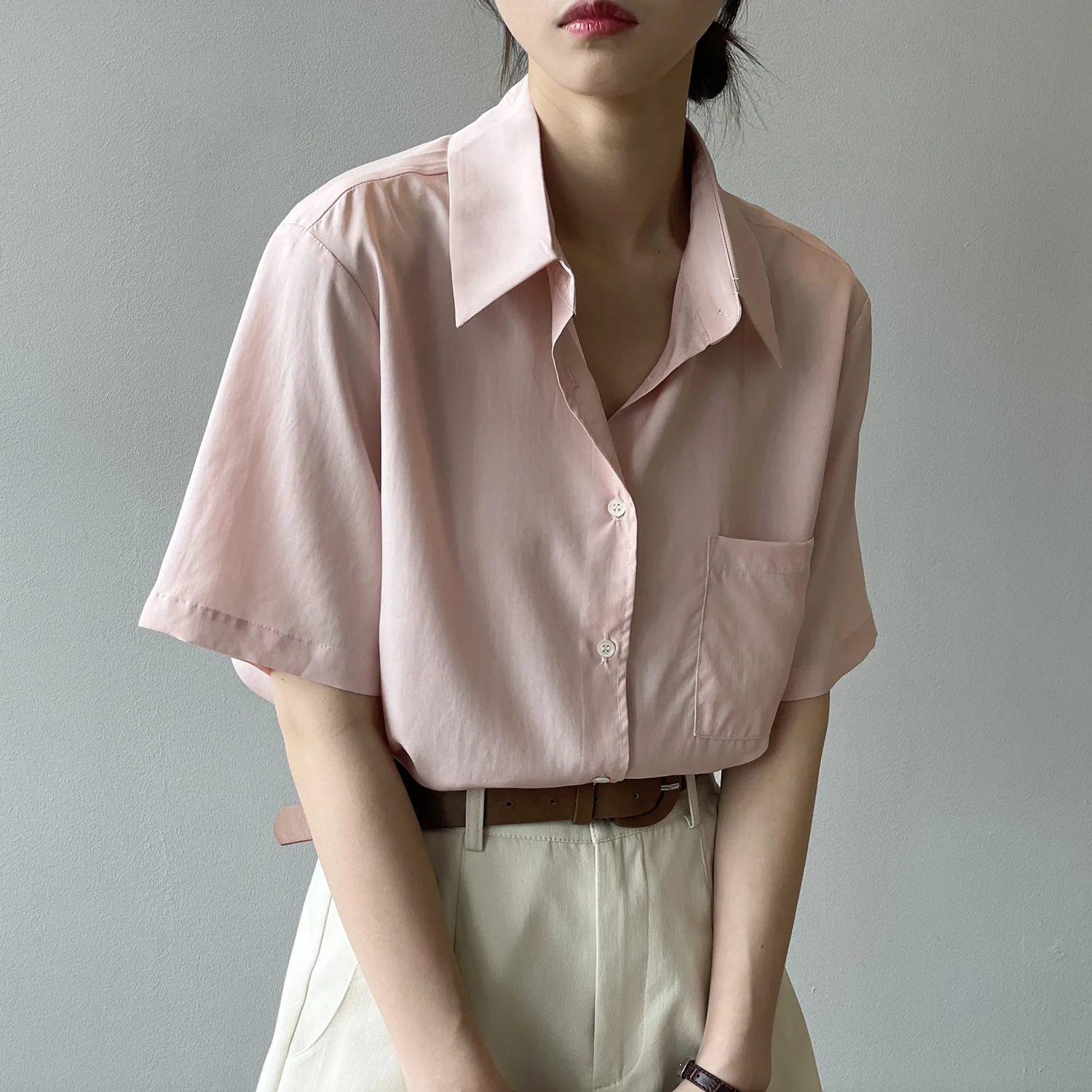 

Tencel Rayon Short-Sleeved Blouse Women's 2021 Summer Korean Style Loose Pure Color Thin Casual Lapel Shirt