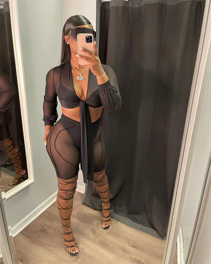 

Adogirl Women Sexy Sheer Mesh 4 Piece Set Bra Underwear Suit Long Sleeve Lace Up Cardigan Blouse Top Shorts Casual Club Wear
