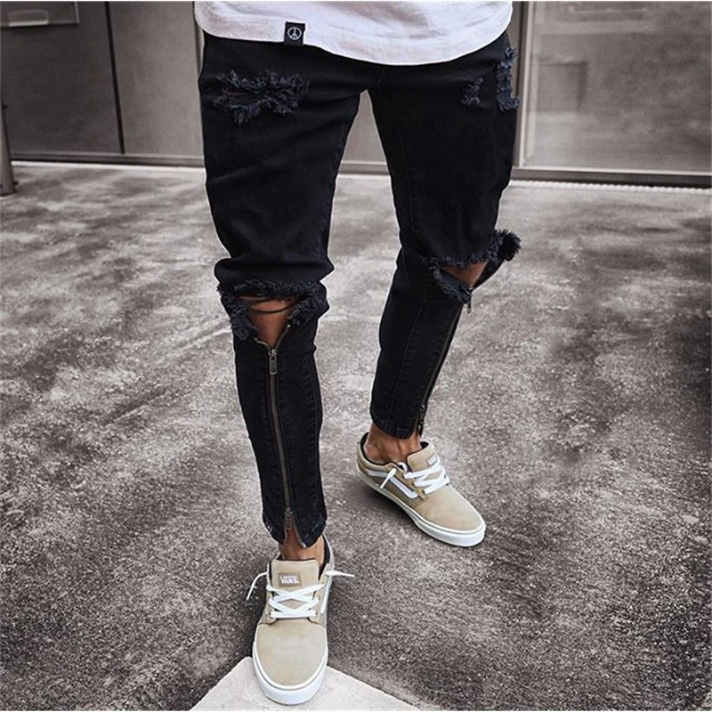 

Men's jeans new hole new long zipper men's Leggings