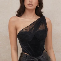 one shoulder bustier cut out stretch boned padded zipper lace corset top elegant patchwork top women sexy party outfits