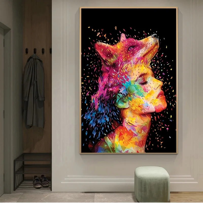 

Modern Graffiti Art Girl with Fox on Head Abstract Canvas Paintings On the Wall Art Posters And Prints Nordic Art Pictures Decor