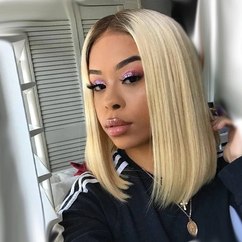 Black Blonde Short Bob Ombre Wig Colored Lace Part Human Hair Wigs For Women 1b/613 Straight Brazilian 100% Natural hair | Шиньоны и