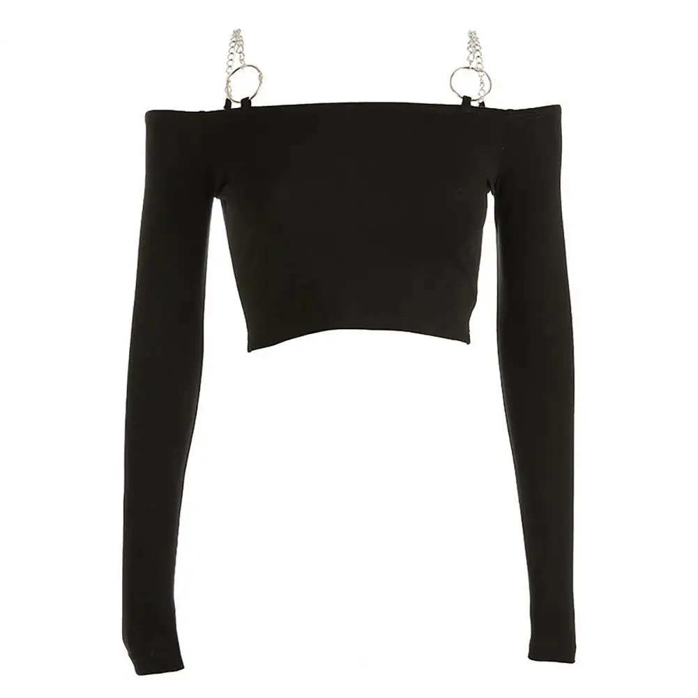 

T-shirt Off Shoulder Cropped Blouse Polyester Chain Strap Women Slim Crop Top for Spring