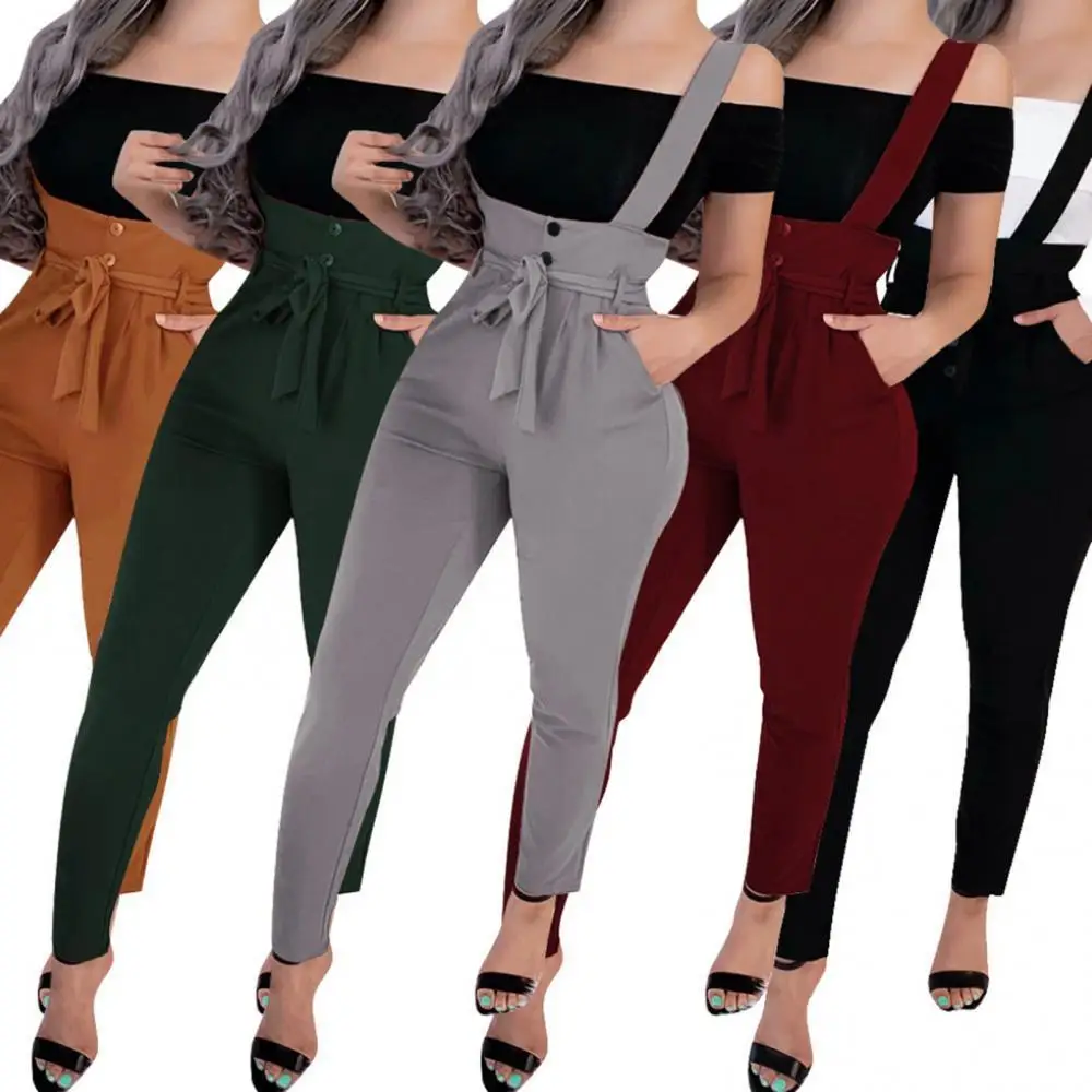 

5 Color Women High Waist Casual Pencil Pants Straps Stretch Suspender Trousers Dungarees Vintage Slim Pant Fashion Long Trousers