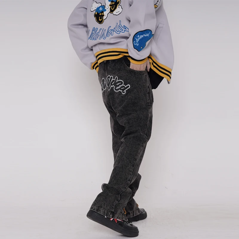 

Hip Hop Ankle Lace Up Letter Embroidery Jeans Men Harajuku Washed Retro Straight Baggy Denim Trousers Mens Oversize Casual Pants