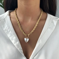 europe america exaggerate thick chunky chain necklaces statement jewelry baroque imitation pearl heart pendant women necklaces