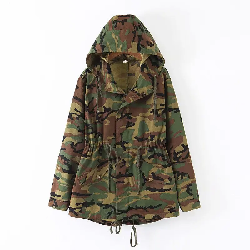 

2019 Autumn Vogue Women Camouflage Hooded Jacket Vintage Stylish Female Lace-Up Cotton Coat Casual Outerwear