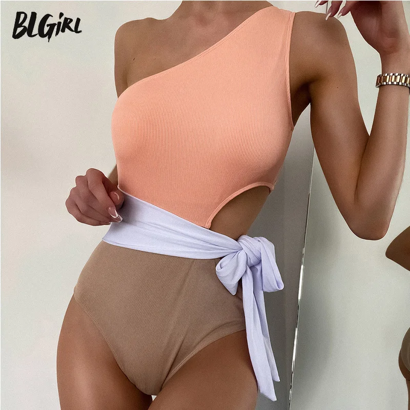 

BLG One Shoulder Bikini Swimsuit Strip One Piece Bathing Suit Monokini Swimwear Women Swmmer Liket Swimming Suit for Women 2021