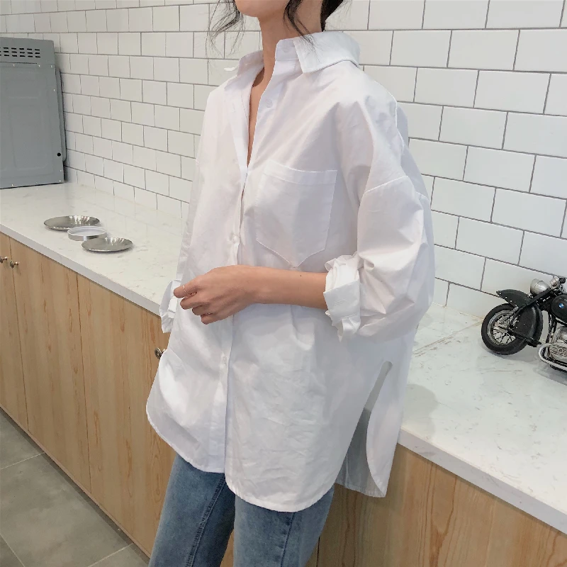 

White Lapel Neck Long Sleeve Shirt Women's Summer Autumn French Retro Fashion Loose Single Breasted Causal Streetwear