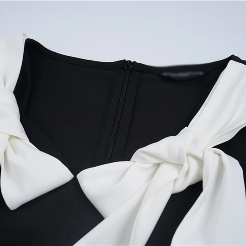 

XIZIHUPAN Casual Patchwork Bowknot Dress For Women V Neck Short Sleeve High Waist Hit Color Midi Dresses Female Summer 2021 Tide