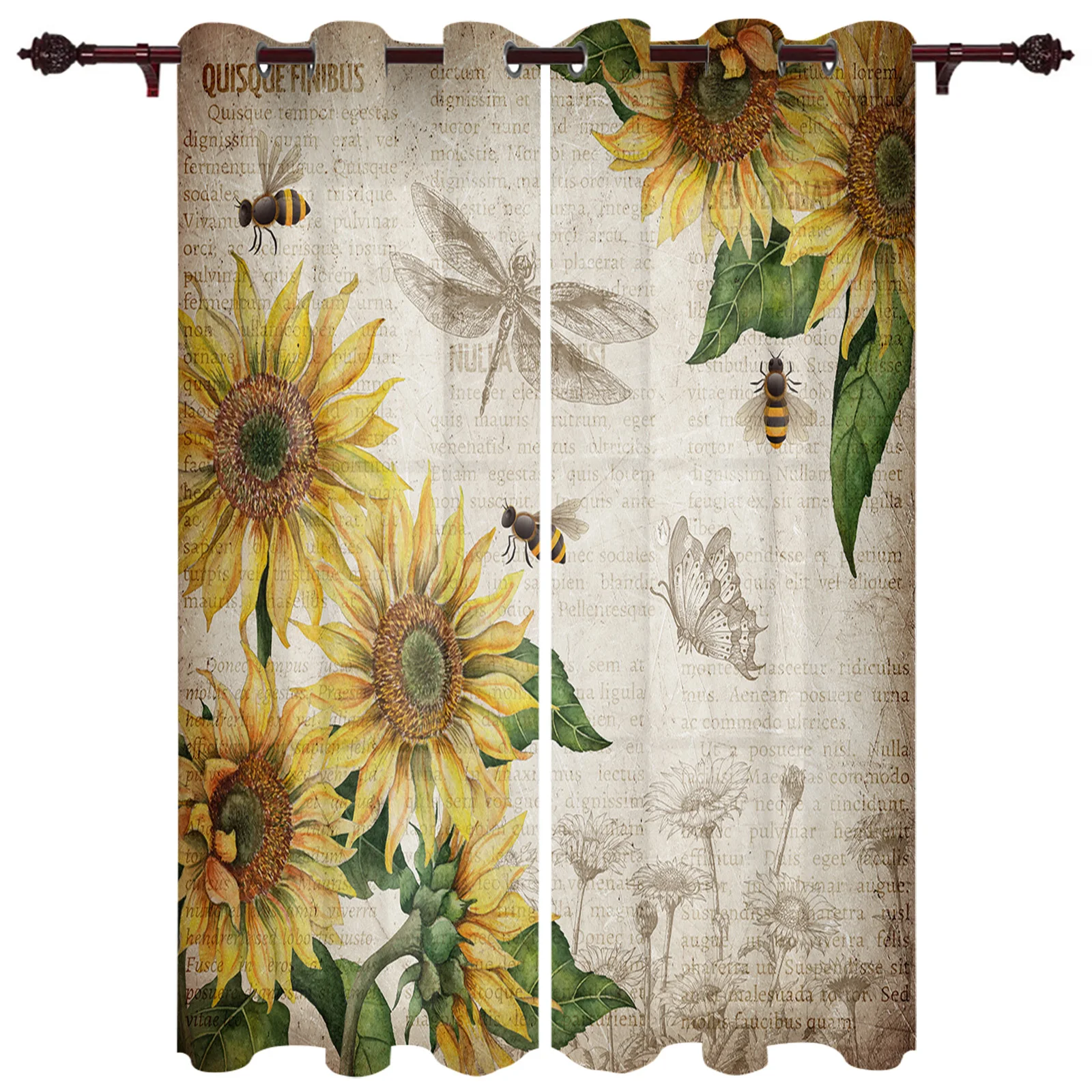 Винтажные старые газеты Подсолнухи стрекоза бабочки оконные шторы для гостиной