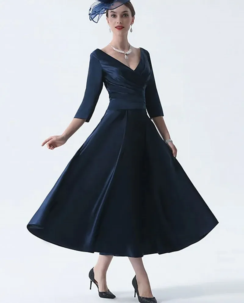 

Navy Blue A-Line Mother of the Bride Dress Plus Size Elegant Vintage V Neck Tea Length Satin Party Gown Robe De Soiree